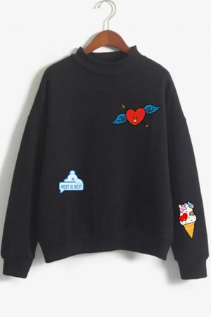 Hot Popular Cartoon Heart Ice Cream Printed Mock Neck Long Sleeve Pullover Sweatshirt - Beautifulhalo.com