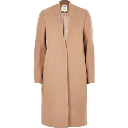 Camel knit collarless longline coat - Coats - Coats & Jackets - women