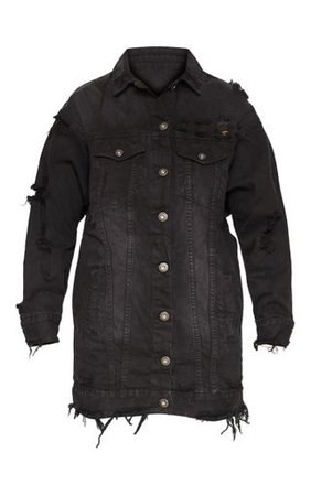 Black Longline Distressed Denim Jacket. Denim | PrettyLittleThing