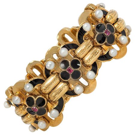 Antique French Gold and Enamel Bracelet with Ruby and Pearl Accents For Sale at 1stDibs