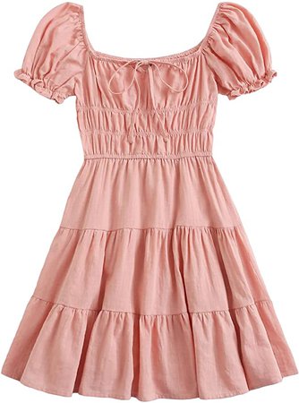 SheIn Women's Short Puff Sleeve Ruched Mini A Line Dress Ruffle Tie Front Square Neck Short Dresses at Amazon Women’s Clothing store