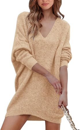 PRETTYGARDEN 2023 Casual Long Sleeve Sweater Dress V Neck Oversized Sweaters for Women Knitted Solid Long Pullover Jumper (Grey,Small) at Amazon Women’s Clothing store