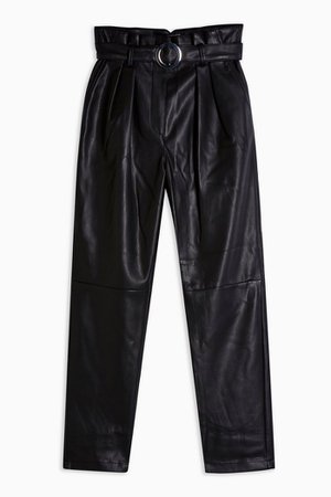 Black Faux Leather PU Belted Peg Trousers | Topshop