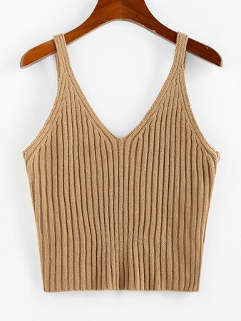 [25% OFF] 2020 ZAFUL Ribbed Plunging Open Back Tank Sweater In LIGHT COFFEE | ZAFUL