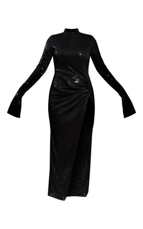 Black Sequin High Neck Split Sleeve Maxi Dress | PrettyLittleThing USA
