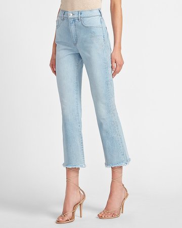 High Waisted Faded Frayed Hem Cropped Flare Jeans