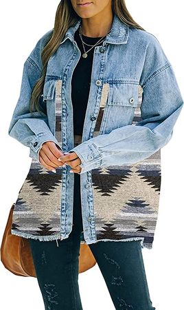 Megfie Loose Casual Frayed Washed Womens Aztec Denim Jacket Long Sleeve Lapel Aztec Denim Shacket Jean Jacket(0001-LongGrey-M) at Amazon Women's Coats Shop
