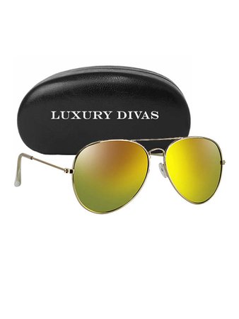 Gold Frame Yellow Mirror Lens Aviator Sunglasses With Case – Luxury Divas