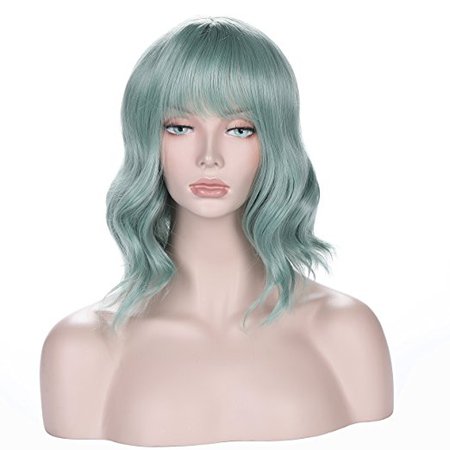 DAOTS 14 Inches Curly Wigs with Bangs for Women Girls Heat Resistant Synthetic Hair Wig (Green)