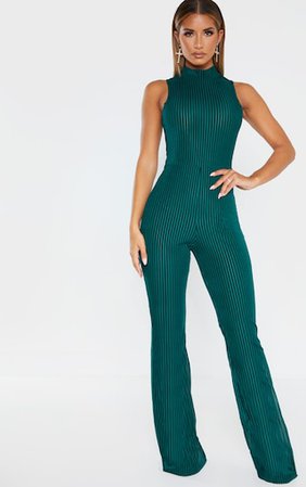 Emerald Green High Neck Striped Velvet Jumpsuit | PrettyLittleThing