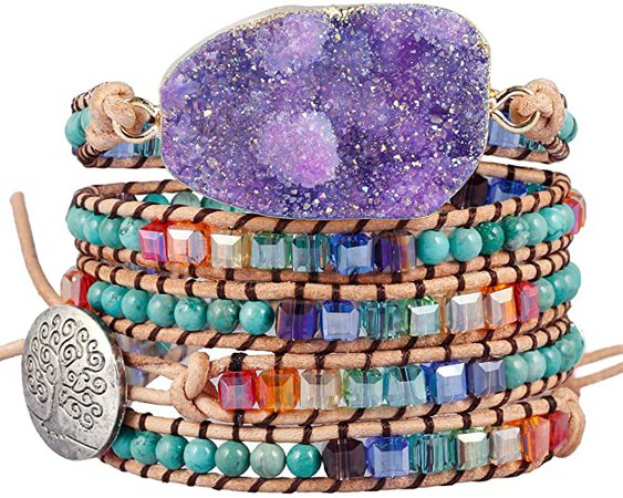 TUMBEELLUWA Wrap Bracelets Crystal Beaded Bohemian Style Druzy Leather Woven Healing Stone Jewelry for Women, Amazonite: Jewelry