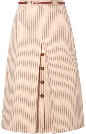 Leather-trimmed Paneled Pinstriped Wool Midi Skirt - Ivory