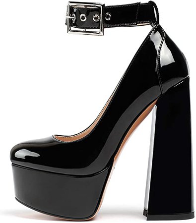 *clipped by @luci-her* Platform Pumps Block Chunky Heels Round Toe 6" Sky High Pumps with Ankle Strap