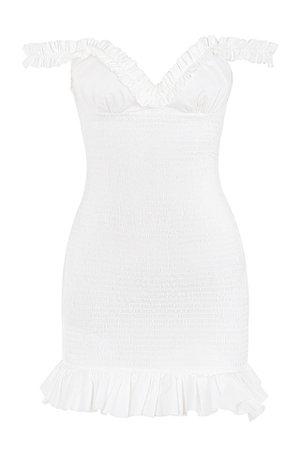 Clothing : Bodycon Dresses : 'Evelyn' White Shirred Ruffle Mini Dress