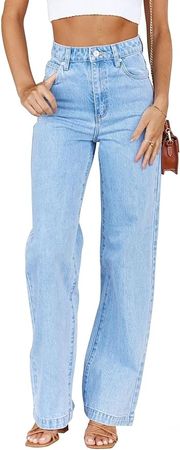ETTELO Womens Jeans Mid Waisted Straight Leg Loose Stretchy Lightweight Tummy Control Trendy Jeans for Women 2024 (US, Numeric, 14, Regular, Regular, Light Blue) at Amazon Women's Jeans store