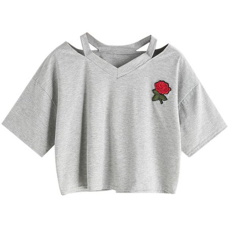 Gray Ripped Neck Embroidery Floral Crop T-shirt