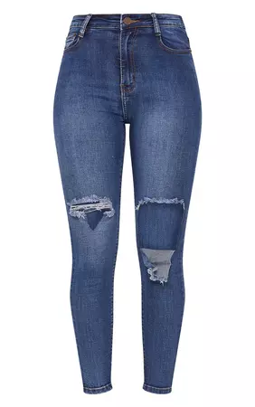Mid Wash Folded Knee Rip 5 Pocket Skinny Jean | PrettyLittleThing USA