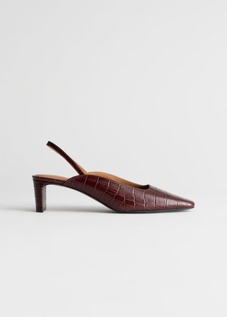 Square Toe Croc Kitten Heel Mules - Brown - Pumps - & Other Stories