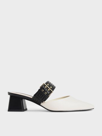 Chalk Two-Tone Grommet Strap Mules - CHARLES & KEITH GR