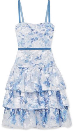 Tiered Metallic Fil Coupé Tulle Dress - Light blue