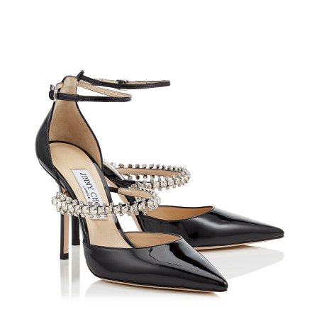 Black Patent Leather Pointy Toe Pumps with Crystal Strap | BOBBIE 100 | Cruise 19 | JIMMY CHOO
