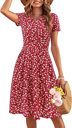 HUHOT Sundresses for Women Casual Summer Short Sleeve Round Neck Floral Skater Dress with Pockets at Amazon Women’s Clothing store