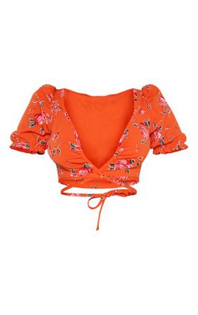 Orange Floral Pint Crepe Short Sleeve Crop Blouse | PrettyLittleThing