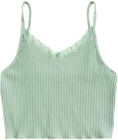 Verdusa Women's Contrast Lace Spaghetti Strap Ribbed Knit Cami Crop Tops Light Green M : Clothing, Shoes & Jewelry