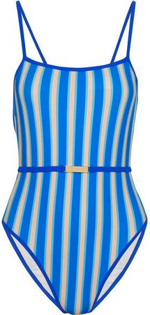 Belted Striped Swimsuit - Azure