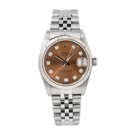 silver and brown Rolex