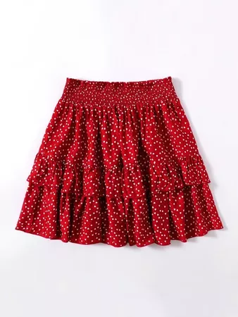 red All Over Heart Print Shirred Waist Layered Hem Skirt | SHEIN USA