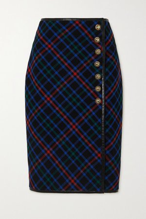 Leather-trimmed Checked Wool-twill Skirt - Navy
