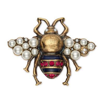 aged gold finish Bee brooch with crystals and pearls | GUCCI® US
