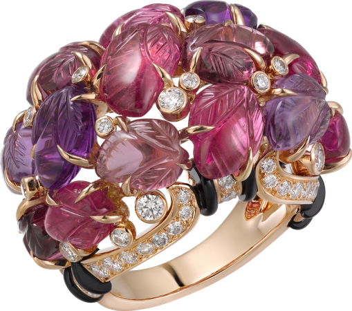 Ring with engraved stones Pink gold, rubellites, garnets, amethysts, onyx, diamonds