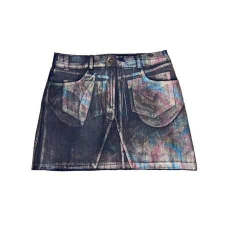navy denim mini skirt with multicolor metalic coating