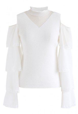 Cold-Shoulder Spliced Ribbed Knit Top in White - NEW ARRIVALS - Retro, Indie and Unique Fashion