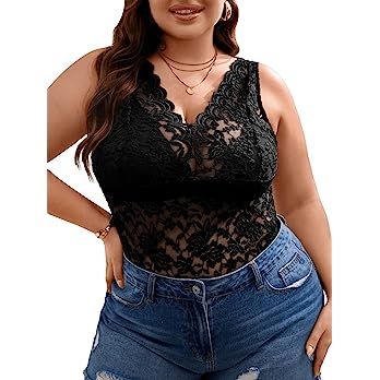 SOLY HUX Women's Plus Size Floral Lace Sheer V Neck Scalloped Trim Sleeveless Tank Tops at Amazon Women’s Clothing store