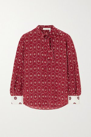 Tie-detailed Printed Silk Blouse - Red