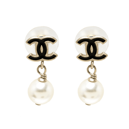Chanel CC Faux Pearl Gold Tone Drop Earrings
