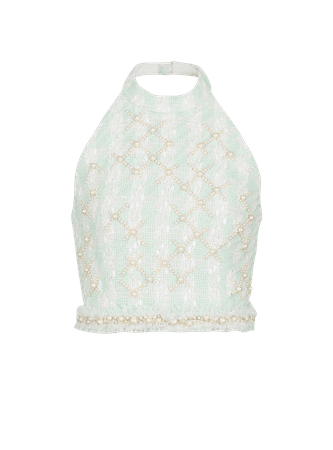 Tweed crop top with embroidery - Green | BALMAIN