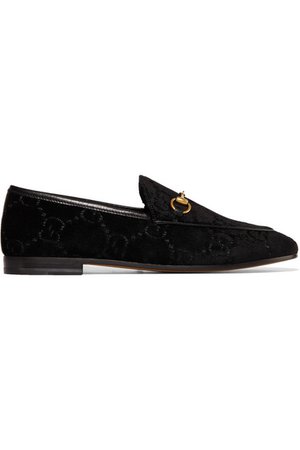 Gucci | Jordaan horsebit-detailed leather-trimmed logo-jacquard loafers | NET-A-PORTER.COM