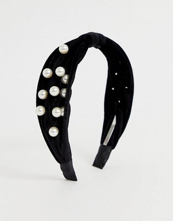 ASOS DESIGN headband with pearl embellishment in black velvet | ASOS