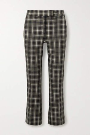 Cropped Checked Cotton-blend Flared Pants - Army green