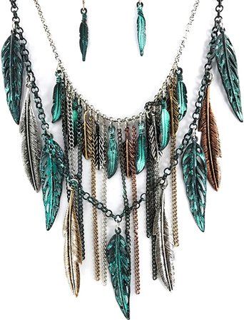 Amazon.com: Western Peak Bohemian Tritone Tassels Metal Feathers Necklace with Earrings (Patina): Clothing