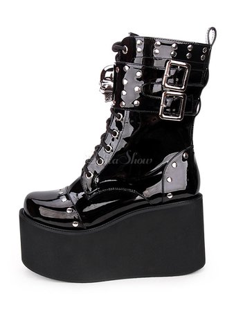 Gothic Lolita Boots Metallic Buckle Rivet Lace Up Zipper Platform Black Lolita Footwear - Lolitashow.com