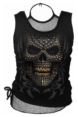 Black Gold Studded Skull 2in1 Mesh Gothic Vest Top by Spiral