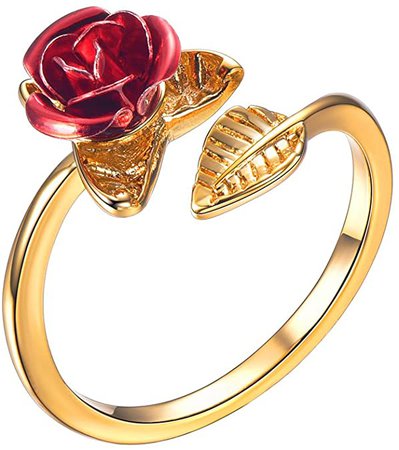 Amazon.com: U7 Red Rose Flower Ring for Women Girls 18K Gold Plated Leaf Adjustable Wrap Open Ring: Jewelry