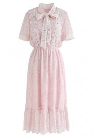 Bowknot Crochet Trim Lace Dress in Pink - NEW ARRIVALS - Retro, Indie and Unique Fashion