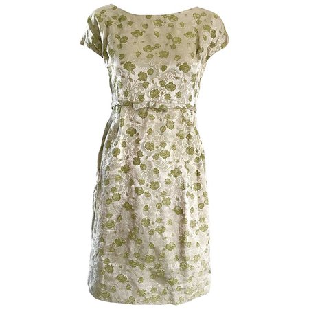 1950s Demi Couture Avocado Green Silk Brocade Vintage 50s Cap Sleeve Dress For Sale at 1stdibs