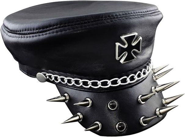 CooL! Iron Cross Huge Revit Mens Genuine Leather Biker Punk Rocker Cap Hat Cp12 at Amazon Men’s Clothing store